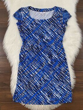 Jude Connally Women's Size XS Brush Strokes Navy Cobalt Cap‎ Sleeve Pocket Dress
